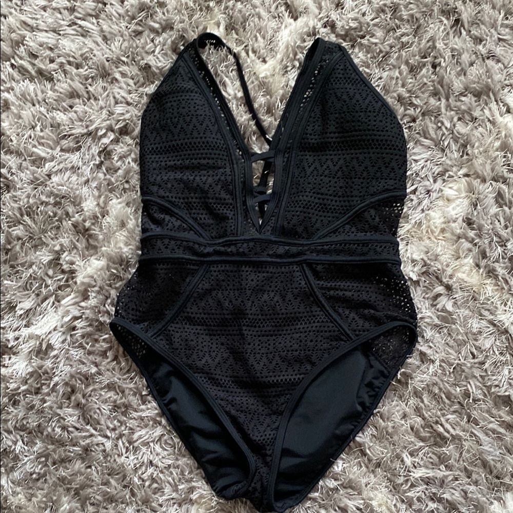 Black One Piece Crochet Swimsuit with Deep V-neck